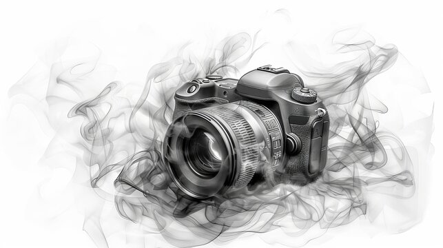 draw a camera, smoky, rembrandt style, tattoo design, a4 paper.  black and white