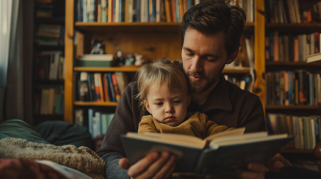 Father, child in a joyful family setting, father's warmth, family reading time, child's happiness, ideal father's day concept.