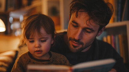 Father shares a book with child, radiating family joy, a scene of fatherly love, with father, child, and family delight, a perfect father's day concept..