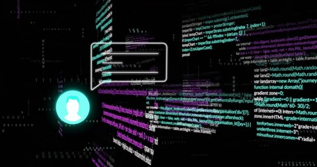 Animation of icon and speech bublle and data processing over dark background - Powered by Adobe