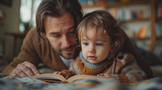 Father and child, family story time, father's love, child's joy, family's happiness, a heartfelt father's day concept..