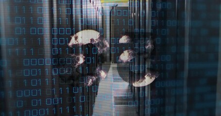 Animation of 5g text, binary coding and data processing over computer servers - Powered by Adobe