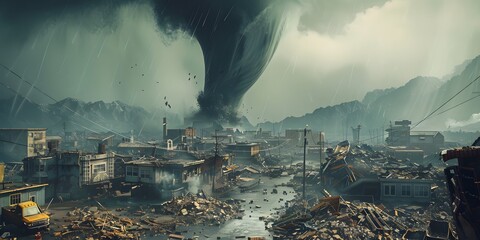 A view of a large tornado that destroyed an entire city. A tornado engulfs the city.