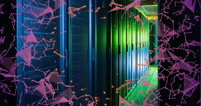 Animation of pink communication networks floating over dark computer server room