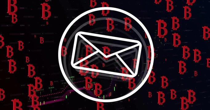 Animation of bitcoin icons, email envelope and data processing over black background