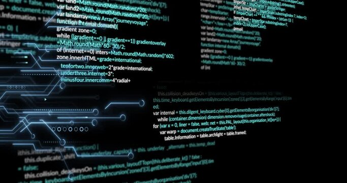 Animation of data processing over circuit board on black background