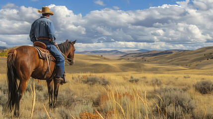 Cowboy on a Horse Stares Off into Prairie