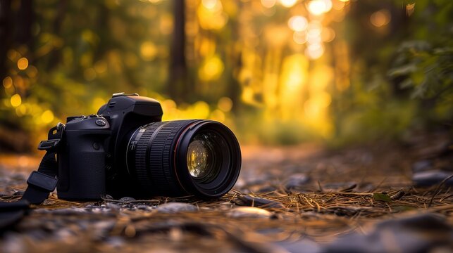 DSLR or mirrorless camera placed on the ground on nature background