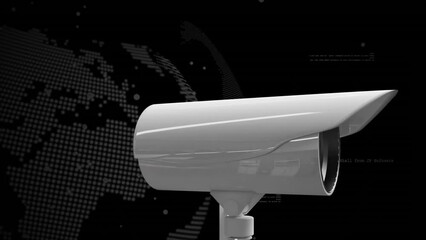 Animation of digital data processing over cctv camera and globe on black background - Powered by Adobe