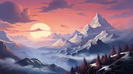 Papier Peint photo Everest High Mountains at Evening Sunrise or Sunrise, Dramatic Sky Cloudscape Background, First Light of Day Gently Kisses the Snowy Slopes. Peaceful and Picturesque Scene Wallpaper