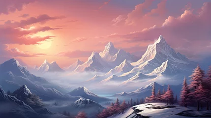 Cercles muraux Everest High Mountains at Evening Sunrise or Sunrise, Dramatic Sky Cloudscape Background, First Light of Day Gently Kisses the Snowy Slopes. Peaceful and Picturesque Scene Wallpaper