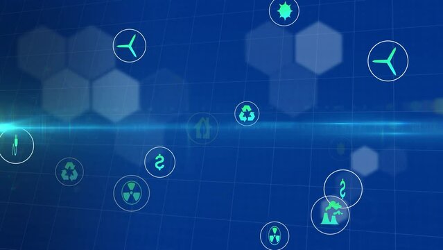 Animation of eco icons and data processing over blue background