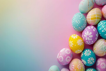 Fototapeta na wymiar Hand-painted easter eggs arranged on a pastel rainbow gradient background