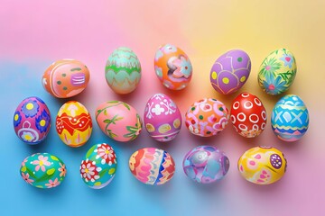 Hand-painted easter eggs arranged on a pastel rainbow gradient background
