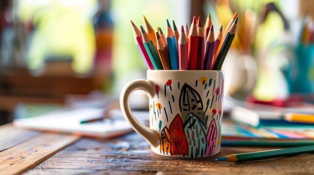 A photo of a mug full of colored pencils on a student's desk