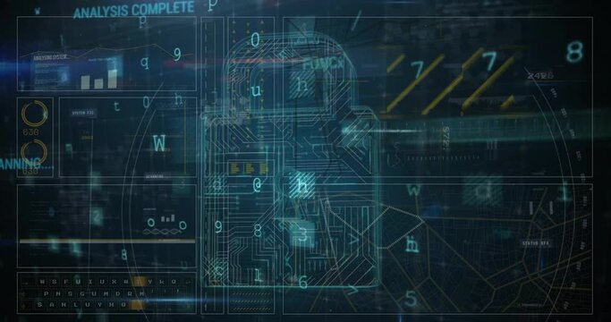 Animation of padlock and digital data processing over computer servers