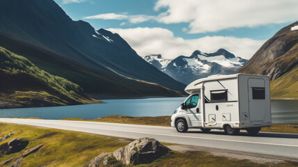 modern van, motor home on a background of mountains, road, travel, transport, car, camper, caravan, recreational vehicle, trailer, tourism, nature, beauty, wheels