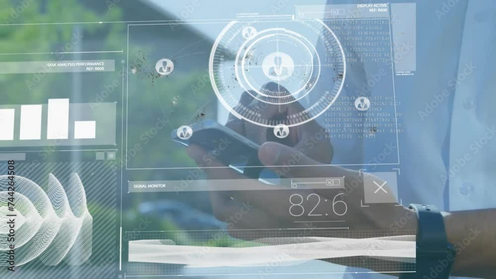 Poster animation of scope and digital data processing over caucasian man using smartphone