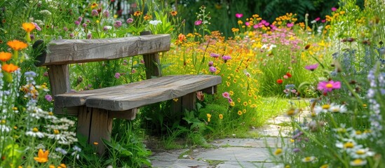 A wooden bench is positioned in the center of a wild garden, adorned with colorful flowers and surrounded by greenery.