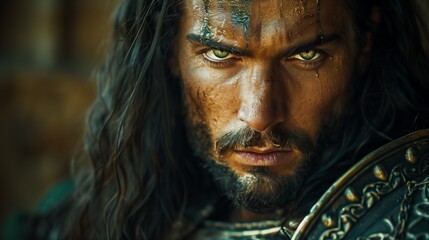 A handsome Romani warrior with green eyes, long black hair, muscular, silver medieval armor, green cloak, dynamic pose