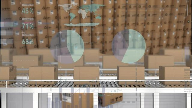 Animation of financial data processing over boxes on conveyor belt in warehouse