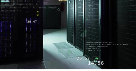Animation of ecology icons and data processing over server room - Powered by Adobe