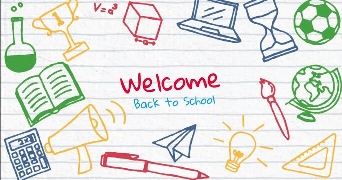 Animation of welcome back to school text over school items icons on white background