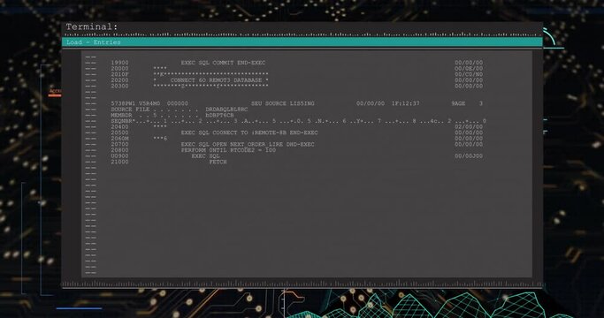 Animation of data processing over computer circuit board on black background