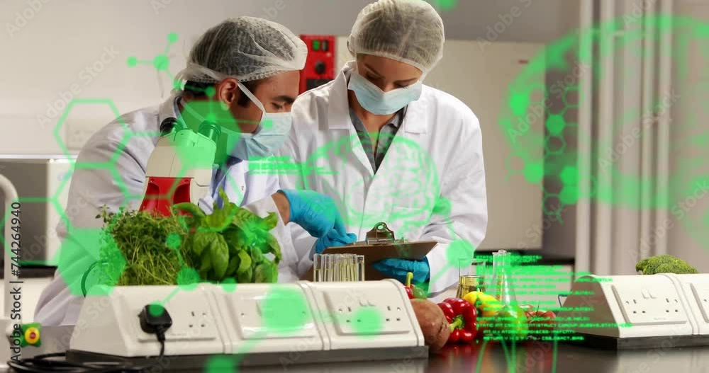Poster animation of chemical formula and data processing over diverse scientists working in lab
