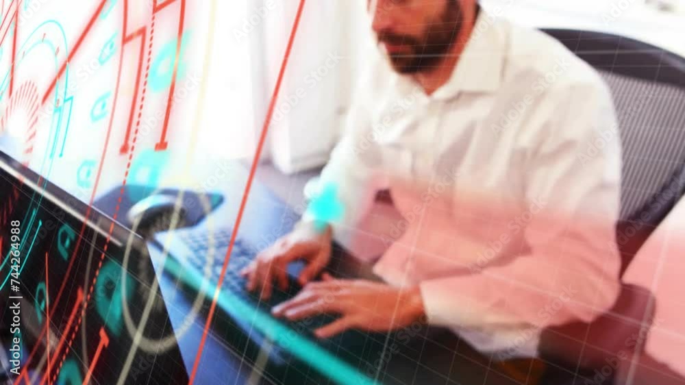 Poster animation of data processing and scope scanning over caucasian businessman using computer