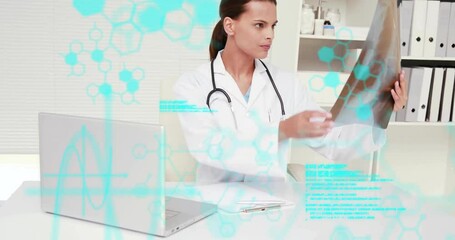 Animation of chemical formula and data processing over caucasian female doctor holding x-ray scans - Powered by Adobe
