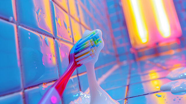 
A vibrant bathroom scene with toothpaste squeezed onto a colorful toothbrush
