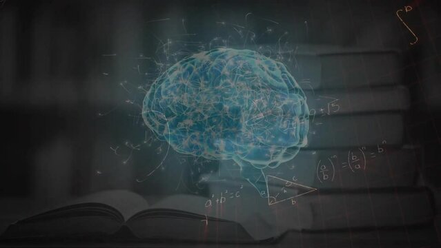 Animation of mathematical equations and digital brain over books