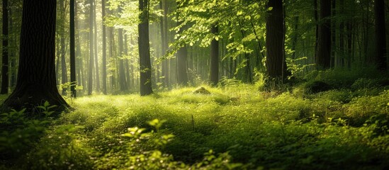 A stunning image showcasing the lush spring forest filled with an abundance of green trees illuminated by the gentle sunlight.
