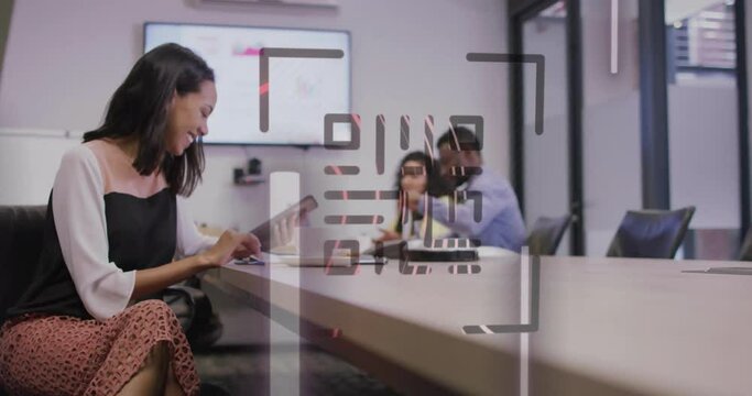 Animation of qr code and neon lines over diverse business people discussing work