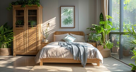 A Contemporary Bedroom with Wood Accents, Comfortable Bedding, and Verdant Window Views