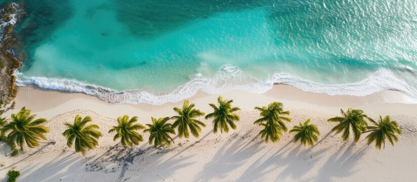 This aerial drone photo showcases palm trees lining the shoreline of Eagle Beach in Aruba.