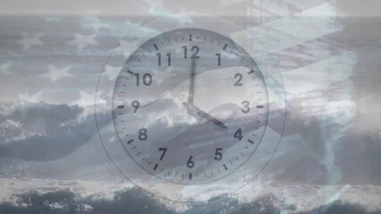 Animation of clock ticking over flag of usa and clouds - Powered by Adobe