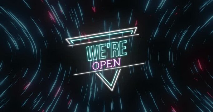 Animation of we're open neon text over light trails on black background