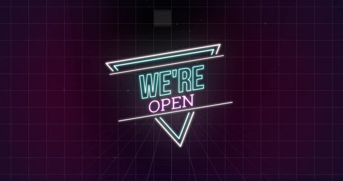Animation of we're open neon text over neon on black background