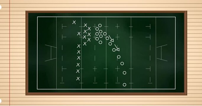 Animation of rugby sports field with tactics and strategy drawings on ruled paper background