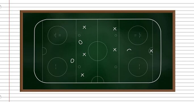 Animation of ice hockey sports field with tactics and strategy drawings on ruled paper background