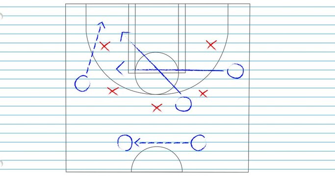 Animation of basketball sports court with tactics and strategy drawings on ruled paper background