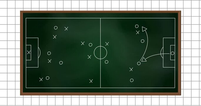 Animation of football sports field with tactics and strategy drawings on ruled paper background
