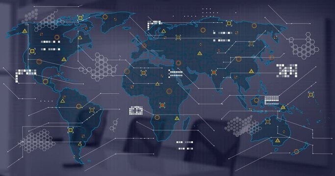 Animation of financial data processing and world map over desk in office