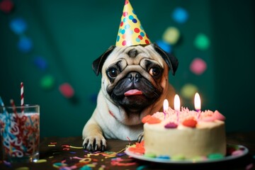 Pug birthday cap. Cute white gift. Generate Ai