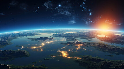 Earth Viewed from Space, Explosion Light Globe Universe Landscape Wallpaper. Earth Day banner...