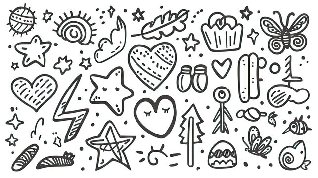 Set of Cute Pen Line Doodle Elements Vector - Collection of Hand-Drawn Illustrations - Cute Pen Line Doodles Charming Vector Graphics