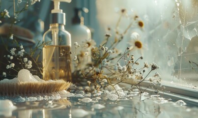 Spa and body care products on the background of a window with raindrops. Selective focus. - obrazy, fototapety, plakaty
