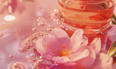 cosmetic oil and flower on the water background, close-up